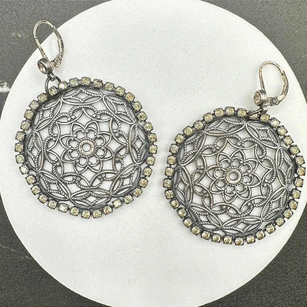 VTG‎ Oxidized Dangle Earrings Brown Rhinestone Filigree Flower Circle Statement